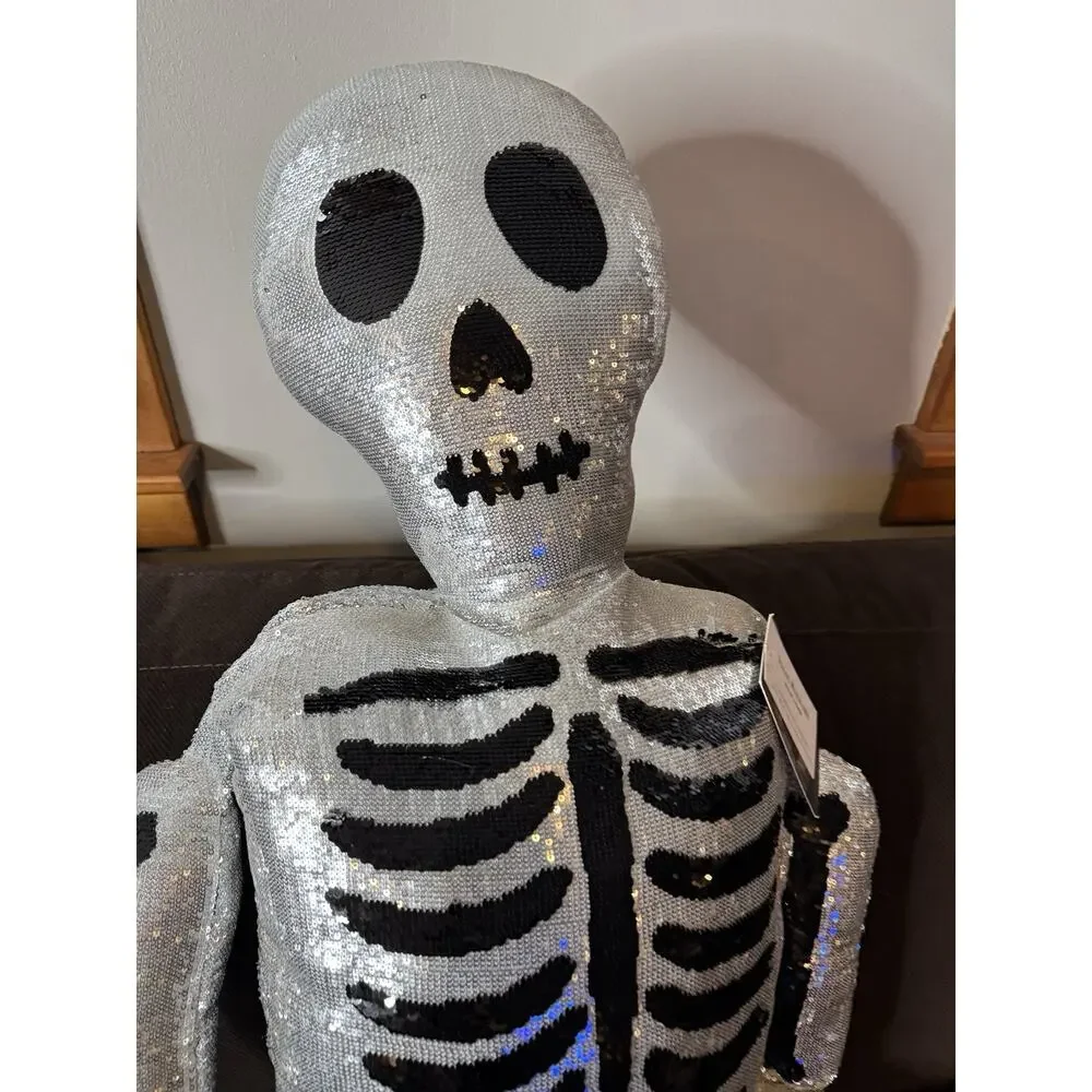 NEW!! 2025 Isaac Mizrahi 5 ft. Silver Sequin Skeleton Plush Pillow HTF Halloween